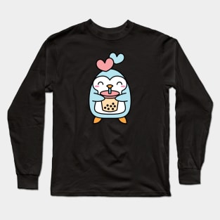 Cute Bubble Tea and Penguin with Hearts Long Sleeve T-Shirt